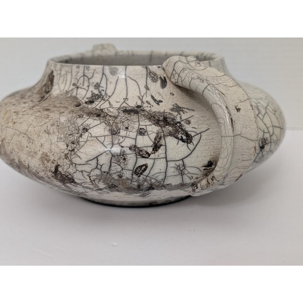 Vintage White Crackle Raku Bowl Double Handled Smoke Fired Art Pottery Signed
